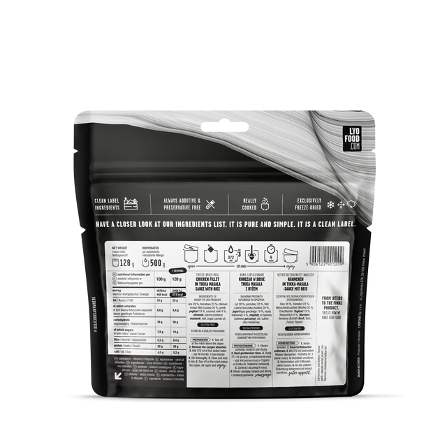 Black and white food packaging with nutritional information on a white background