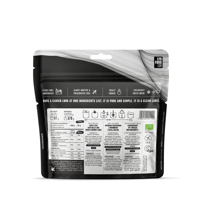 Black food packaging with a clear label on a white background